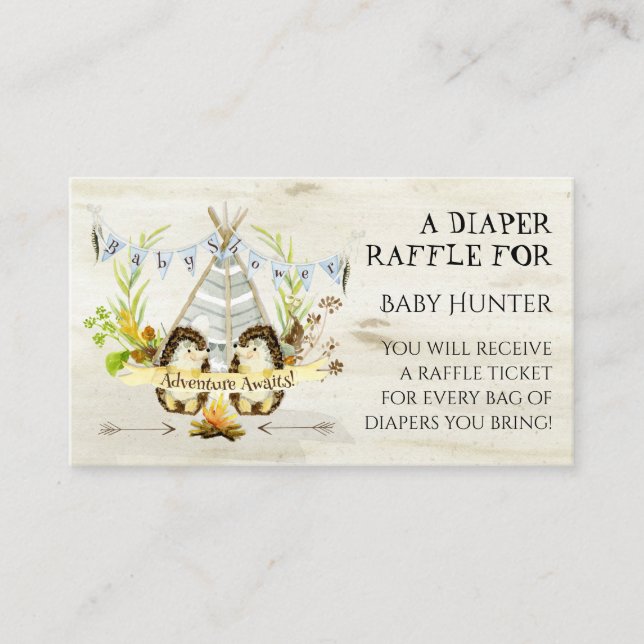 Adventure Awaits Hedgehog Teepee Diaper Raffle Enclosure Card (Front)