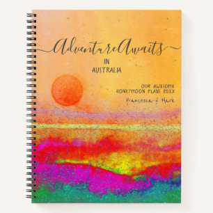 Adventure Awaits Honeymoon Couple Orange Pink Sun Notebook