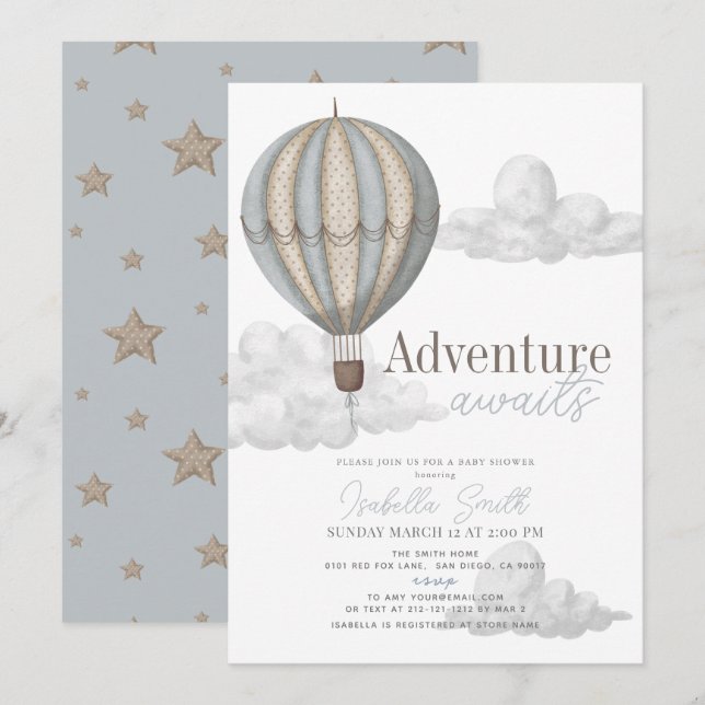 Adventure Awaits Hot Air Balloon Boy Baby Shower Invitation (Front/Back)
