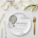 Adventure Awaits Hot Air Balloon Boy Baby Shower Paper Plate<br><div class="desc">This boho chic "Adventure Awaits" boy's baby shower paper plate features a blue hot air balloon and clouds. Personalize it for your needs. You can find matching products at my store.</div>
