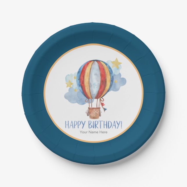 Adventure Awaits Hot Air Balloon Kids Birthday Paper Plate (Front)