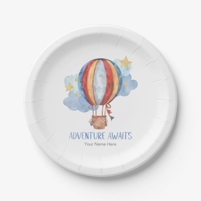 Adventure Awaits Hot Air Balloon Kids Birthday Paper Plate (Front)