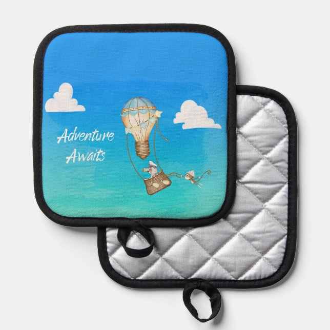 Adventure Awaits Hot Air Balloon Monkey Animals  Pot Holder (Front/Back)