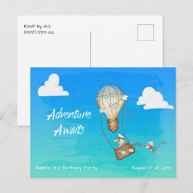 Adventure Awaits Hot Air Balloon Monkey Postcard (Front/Back)