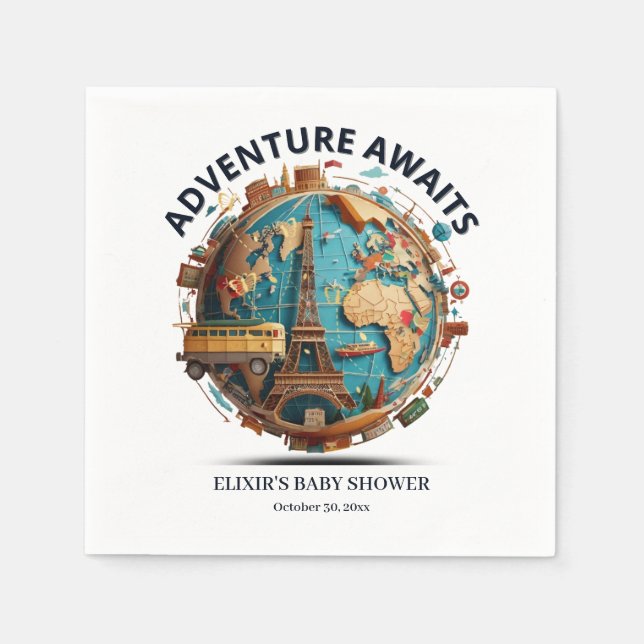 Adventure Awaits Modern Globe Baby Shower Napkin (Front)