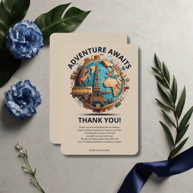 Adventure Awaits Modern Globe Baby Shower Thank You Card (Creator Uploaded)