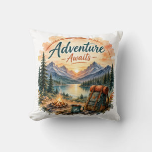 Adventure Awaits Mountain Lake Camping Sunset Throw Pillow