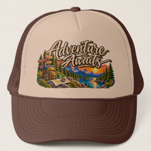 Adventure Awaits Mountain Lake Outdoors Trucker Hat