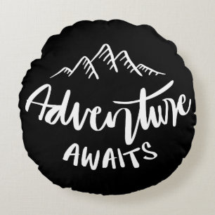 Adventure Awaits Mountain Quote Round Pillow