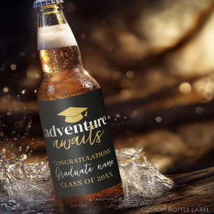 Adventure Awaits - Name Cap Black Gold Graduation Beer Bottle Label