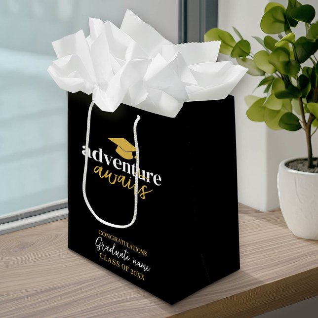 Adventure Awaits - Name Cap Black Gold Graduation Medium Gift Bag (Custom Graduation Gift Bag with a pace for the graduate's name)
