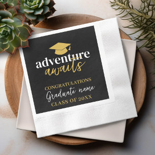 Adventure Awaits - Name Cap Black Gold Graduation Napkin