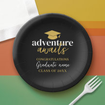 Adventure Awaits - Name Cap Black Gold Graduation
