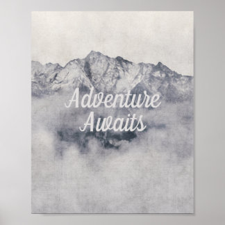 Adventure Awaits Nature Misty Mountain Quote Poster
