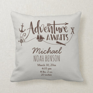 "Adventure Awaits" Nautical Birth Stats Throw Pillow
