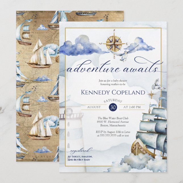 Adventure Awaits - Nautical Dream Ship Baby Shower Invitation (Front/Back)