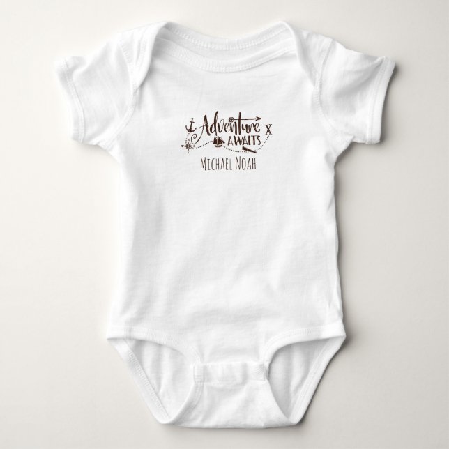 "Adventure Awaits" Nautical Personalized Baby Bodysuit (Front)