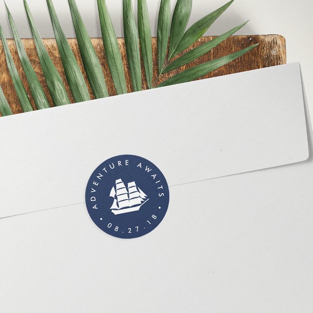 Adventure Awaits | Navy and White Ship Classic Round Sticker (Creator Uploaded)