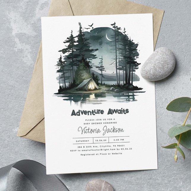 Adventure Awaits Night Sky Nature Baby Shower Invitation (Adventure Awaits! Night Camping Scene Beautiful Baby Shower Invitations)