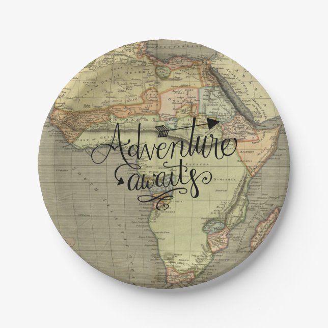 Adventure Awaits Old World Map Paper Plate (Front)
