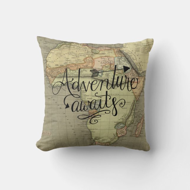 Adventure Awaits Old World Map Throw Pillow (Front)