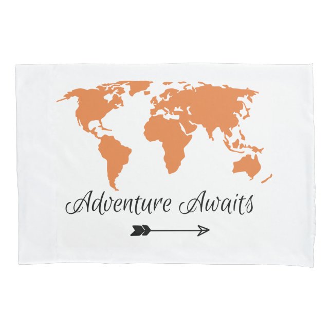 Adventure Awaits Orange World Map Pillowcase (Front)