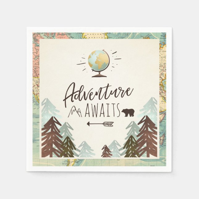 Adventure awaits Paper Napkin Vintage Globe Travel (Front)