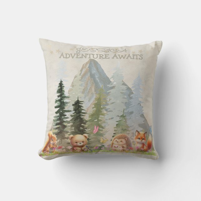 Adventure Awaits Personalized Rustic Forest Animal Throw Pillow (Front)