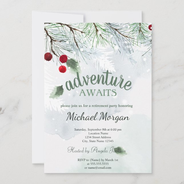Adventure Awaits Pine Tree Branch Snow Retirement  Invitation (Front)