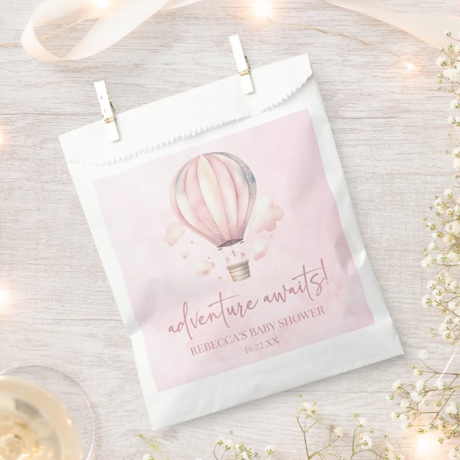 Adventure Awaits! Pink Hot Air Balloon Baby Shower Favour Bag (Clipped)
