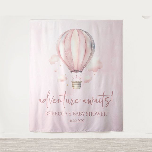 Adventure Awaits! Pink Hot Air Balloon Baby Shower Tapestry (Front)