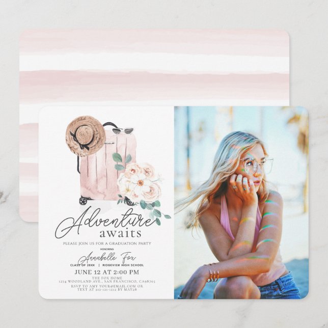 Adventure Awaits Pink Suitcase Graduation Photo Invitation (Front/Back)