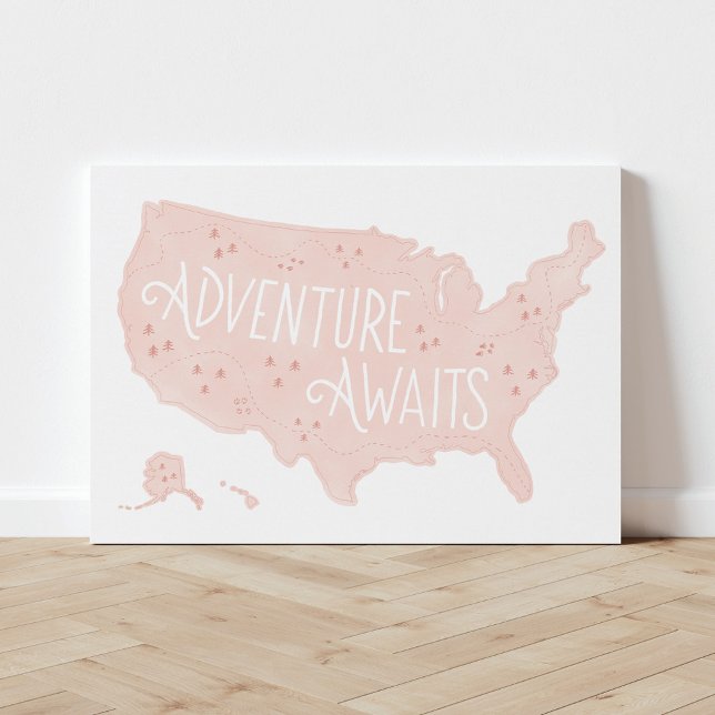 Adventure Awaits Pink US Map Canvas Print (Creator Uploaded)