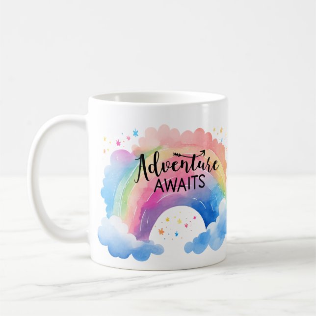 Adventure Awaits Rainbow Coffee Mug (Left)