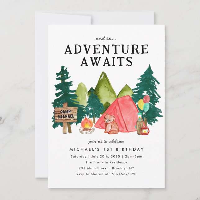 Adventure Awaits Red Tent Bear Camping Birthday Invitation (Front)