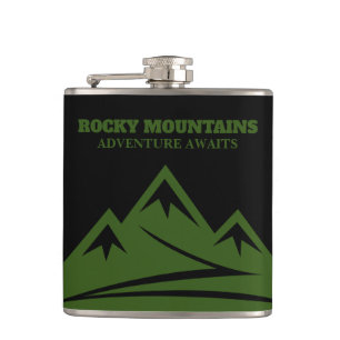 Adventure Awaits Rocky Mountains logo custom drink Hip Flask