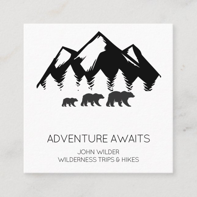Adventure Awaits Rustic Bears Wilderness Guide Square Business Card (Front)