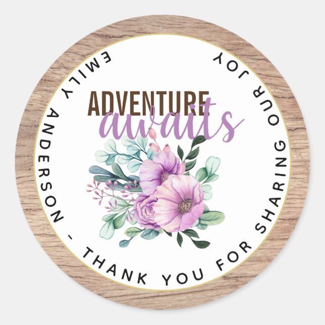 Adventure Awaits Rustic Purple Flowers Baby Shower Classic Round Sticker (Front)