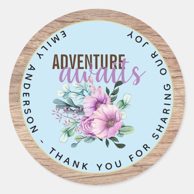 Adventure Awaits Rustic Purple Flowers Baby Shower Classic Round Sticker (Front)