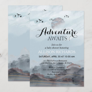 Adventure awaits rustic woodland baby shower invitation