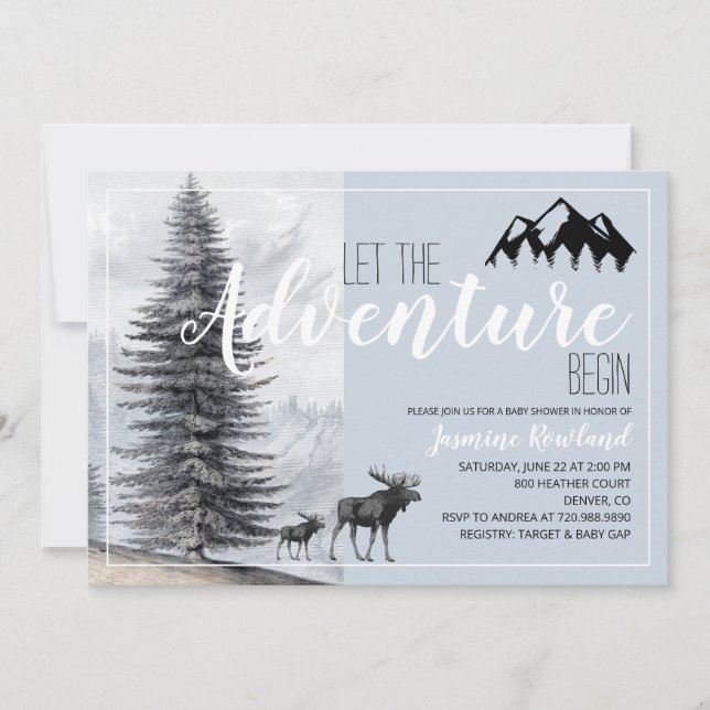 Adventure Awaits Rustic Woodland Moose Baby Shower Invitation (Front)