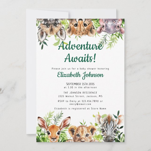 Adventure Awaits Safari Animals Baby Shower Invitation (Front)