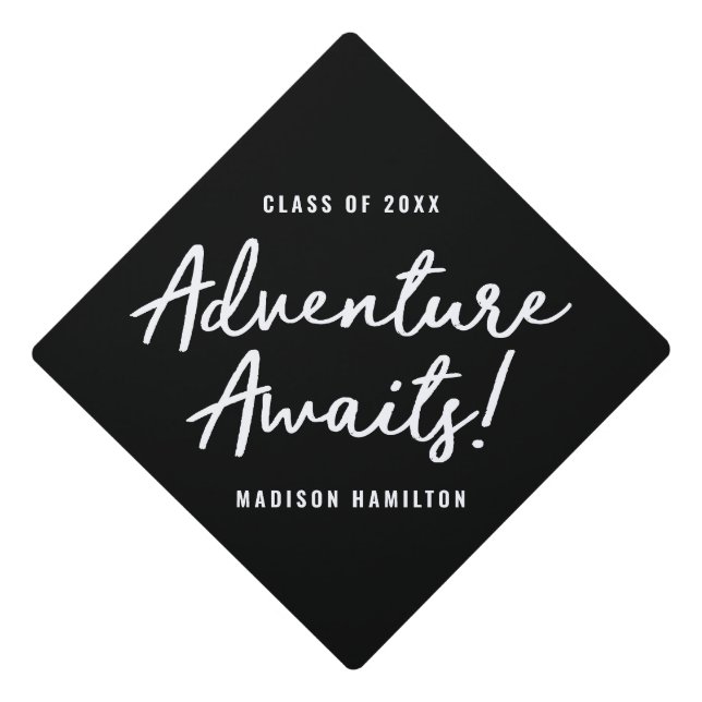 Adventure Awaits Script Black Personalized Graduation Cap Topper (Front)
