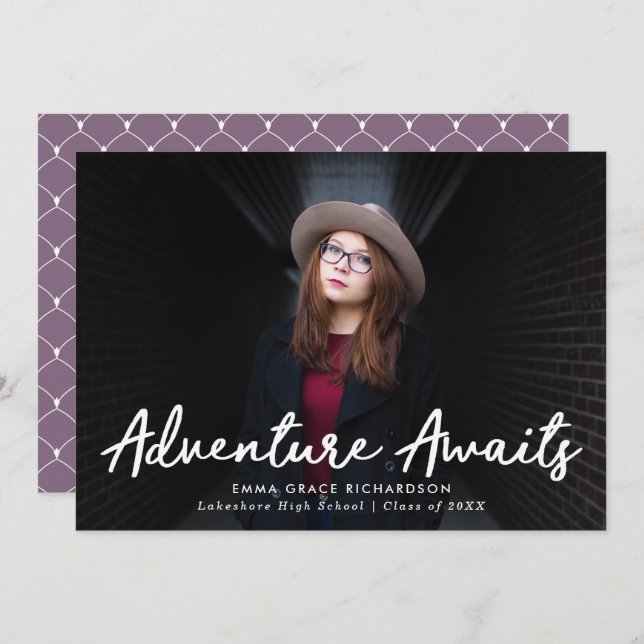 Adventure Awaits Script Purple Photo Graduation Announcement (Front/Back)