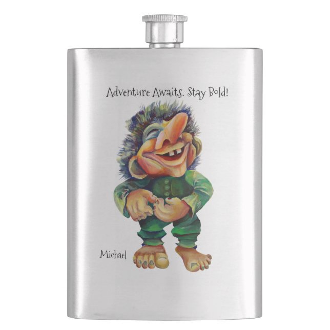 Adventure Awaits Stay Bold Troll Watercolor Hip Flask (Front)