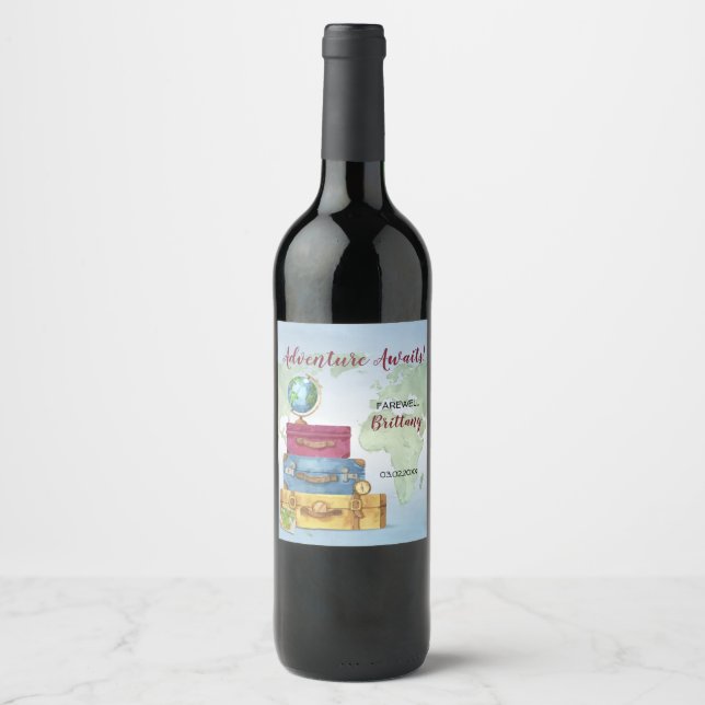 Adventure Awaits Suitcases Farewell Moving Party Wine Label (Front)