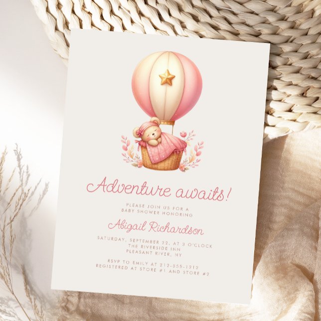 Adventure Awaits Teddy Bear Girl Baby Shower Postcard (Creator Uploaded)
