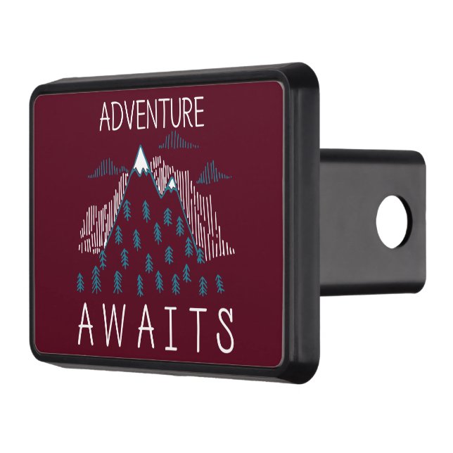 Adventure Awaits text with Snow-Covered Mountain Trailer Hitch Cover (Left)