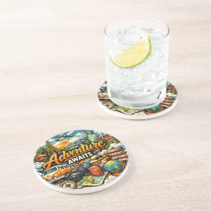 Adventure Awaits Travel Collage Vintage Vacation Coaster