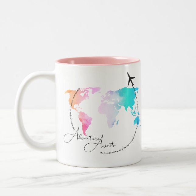 Adventure Awaits | Travel Gift | Flight Attendant Two-Tone Coffee Mug (Left)